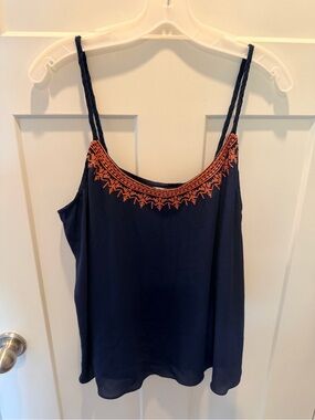 Q&A Medium Navy Embroidered Camisole Tank Top Boho Y2K Braided Straps